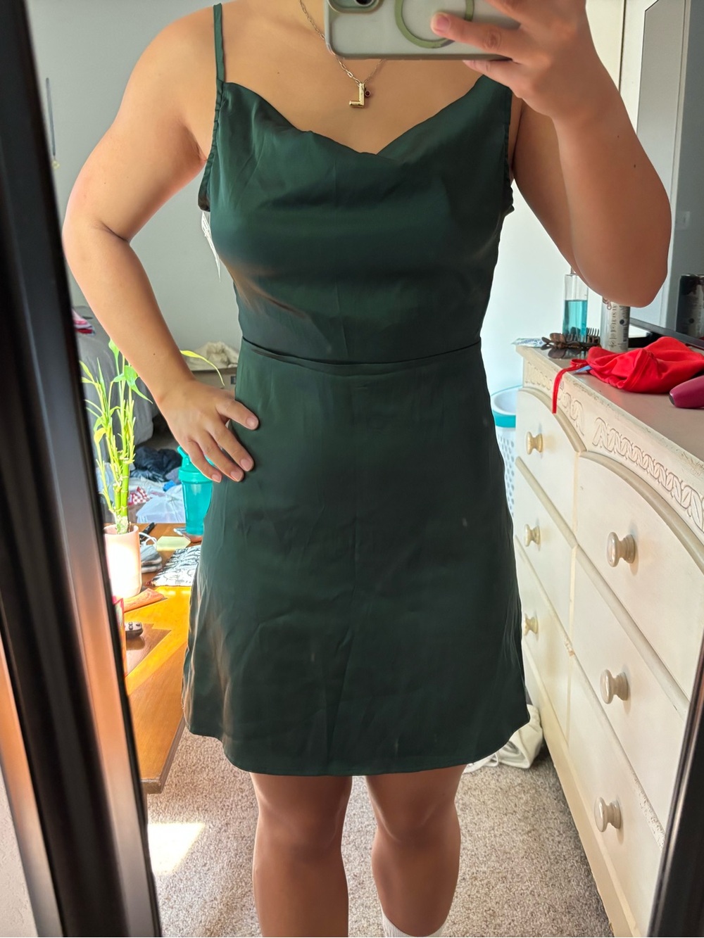 Satin Cowl Neck Slip Dress in Deep Green